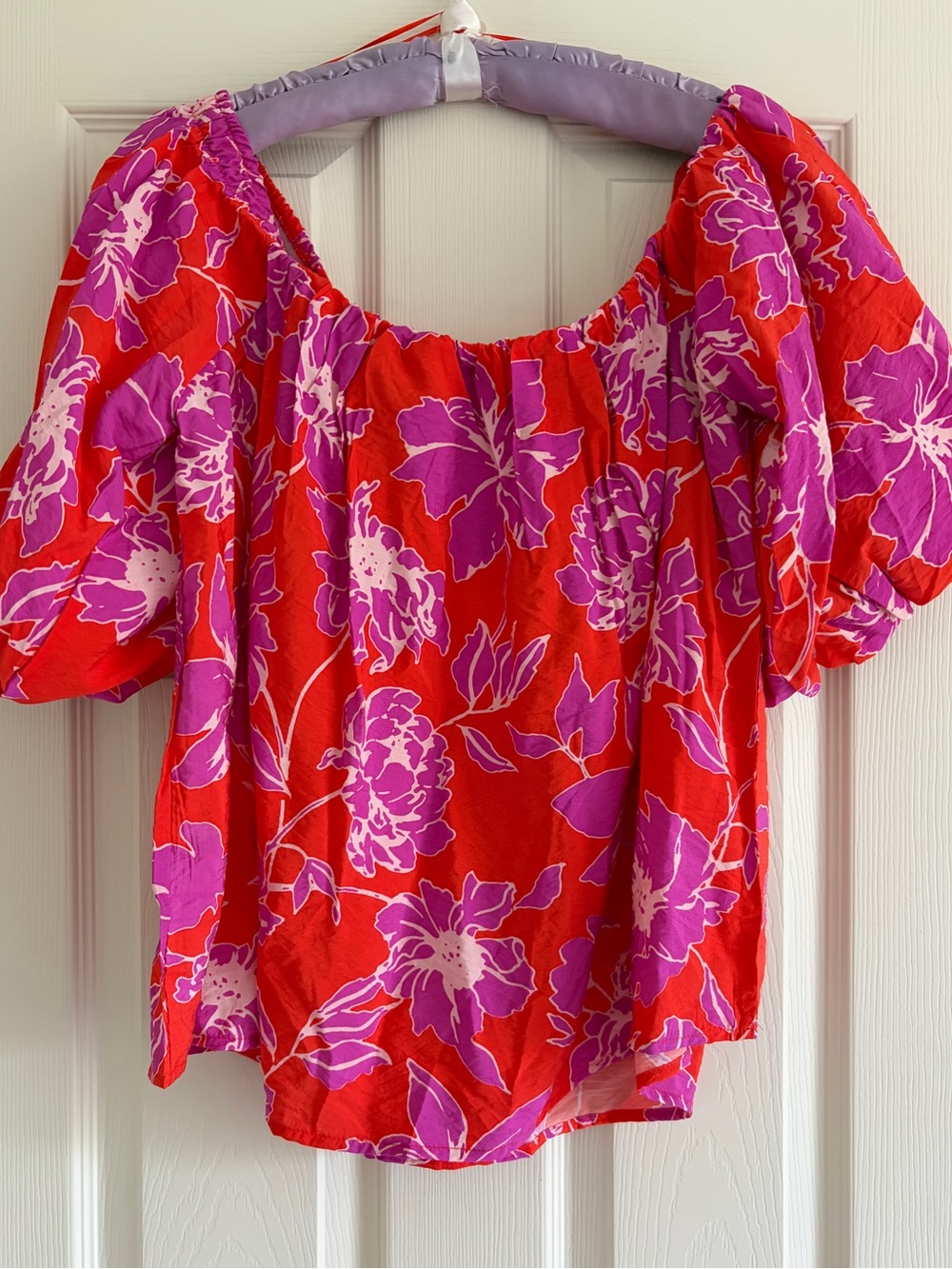 NWT By Together Red Off-Shoulder Blouse with Purple Floral Print